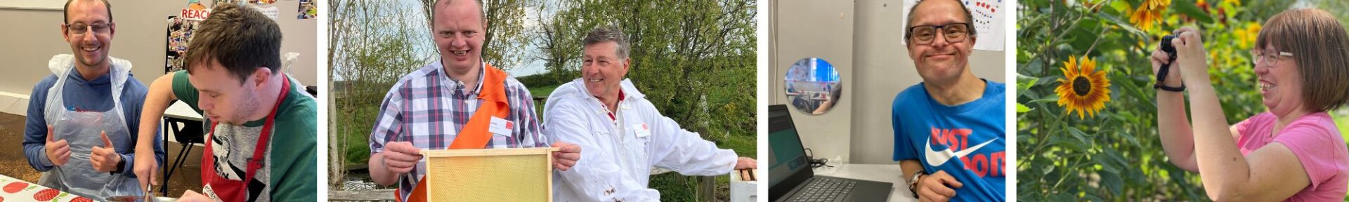 2 males cooking, 2 males caring for bees, 1 male on a computer, one female using a camera