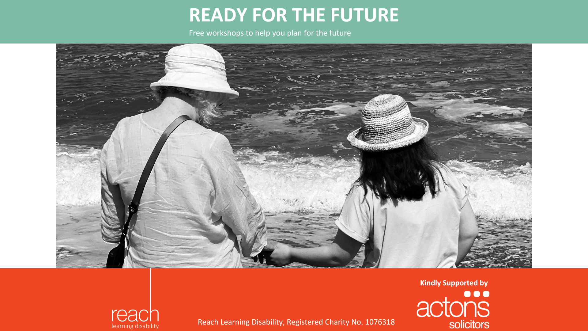 Header says 'Ready for the Future. Free workshops to help your plan for the future.' Black and white image below of two people holding hands on a beach.