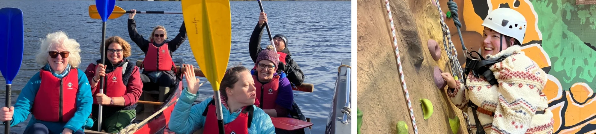 people taking part in climbing and canoeing